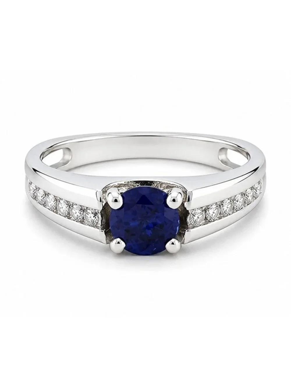 Natural 0.68 Cts Blue Sapphire & Diamonds Ring 14k White Gold